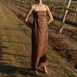 Dissh chai chocolate strapless paneled linen maxi dress